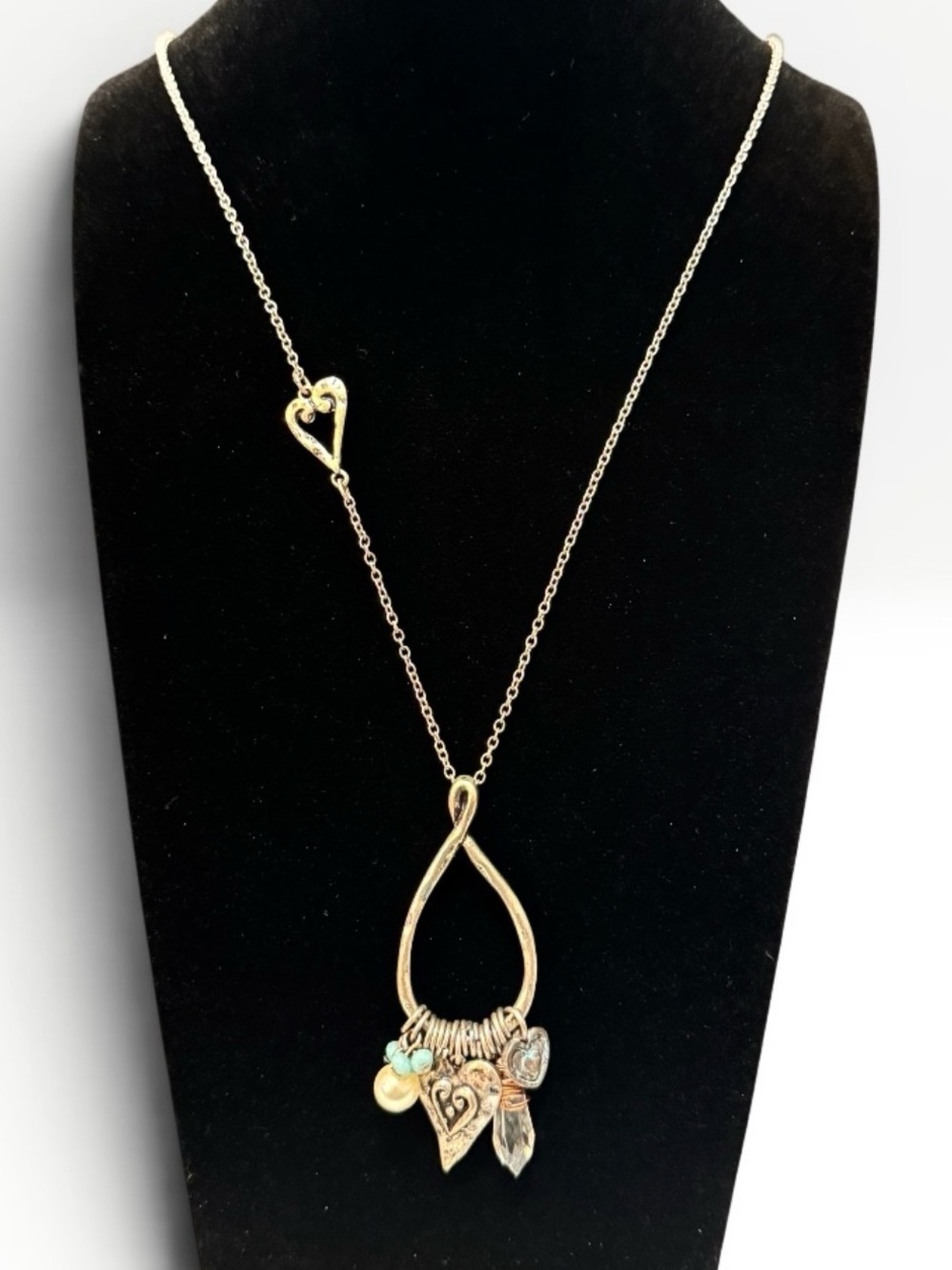 Charm Necklace | Teardrop Pendant, Hearts & Wire Wrapped Crystal | 26" + 3” Ext